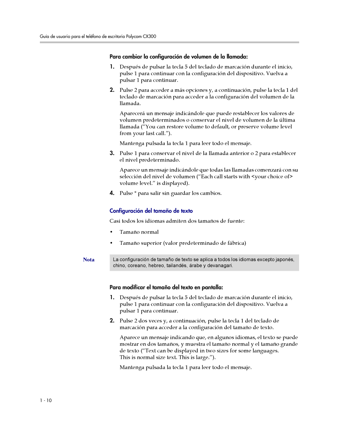 Polycom CX300 manual Configuración del tamaño de texto 