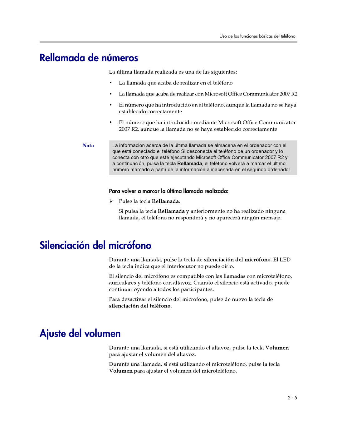 Polycom CX300 manual Rellamada de números, Silenciación del micrófono, Ajuste del volumen 