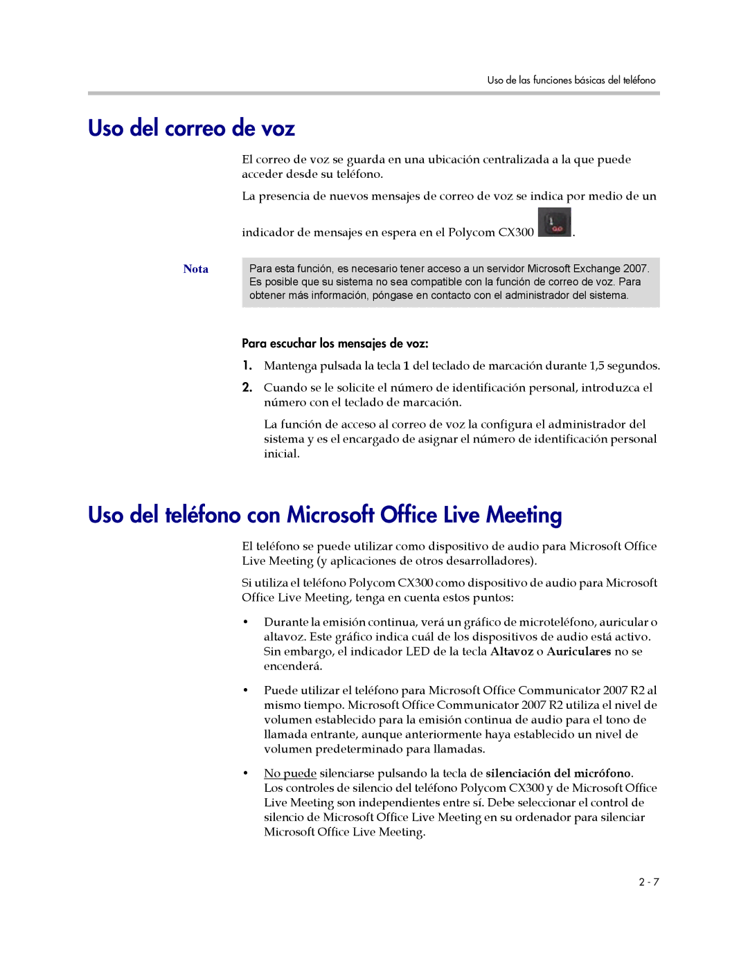 Polycom CX300 manual Uso del correo de voz, Uso del teléfono con Microsoft Office Live Meeting 