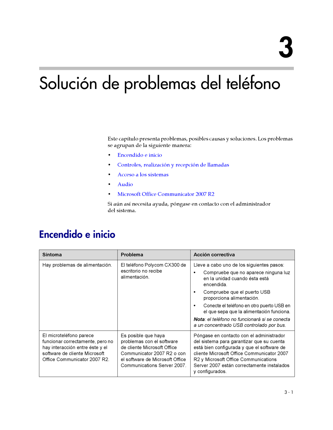 Polycom CX300 manual Solución de problemas del teléfono, Encendido e inicio 