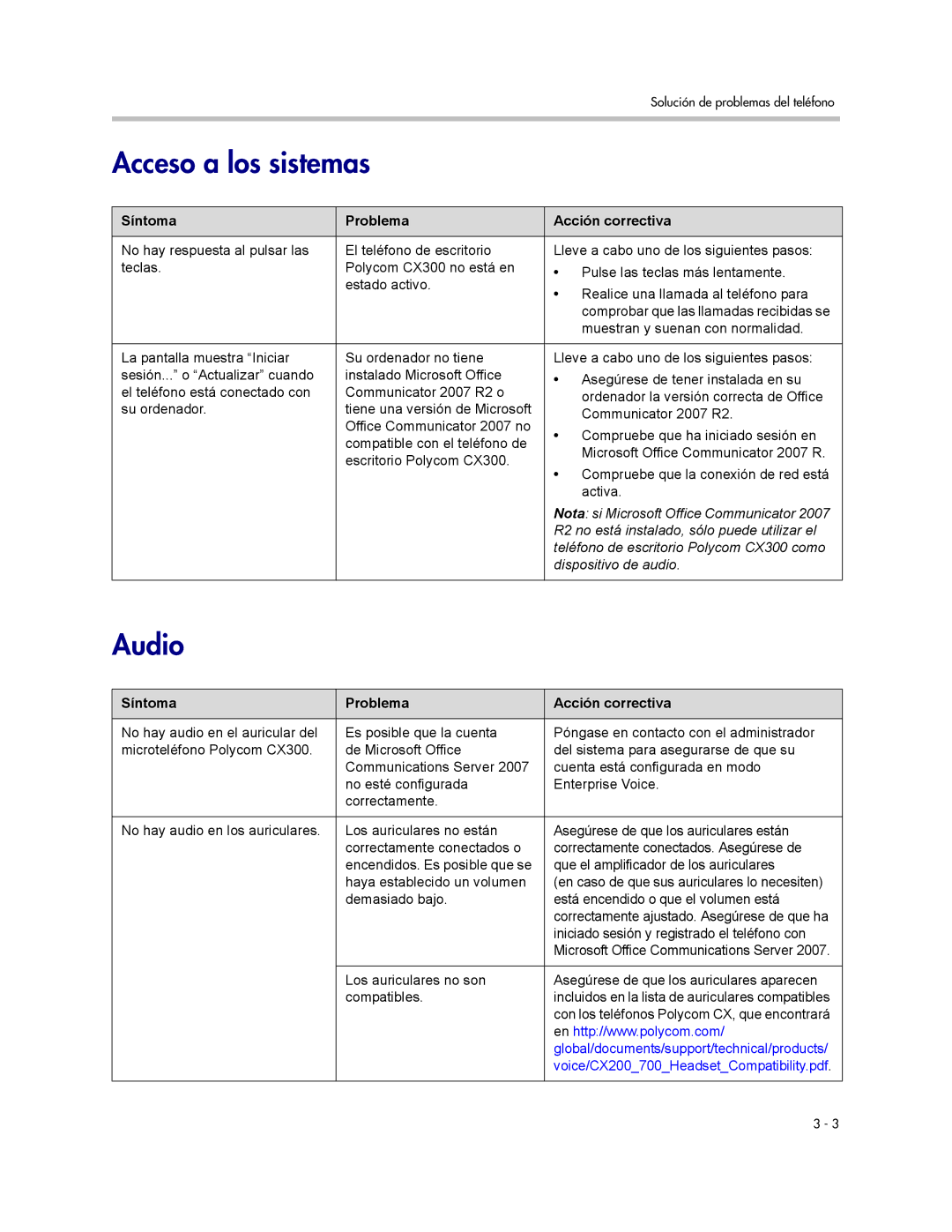Polycom CX300 manual Acceso a los sistemas, Audio 