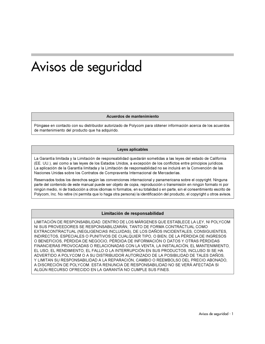 Polycom CX300 manual Avisos de seguridad, Acuerdos de mantenimiento 