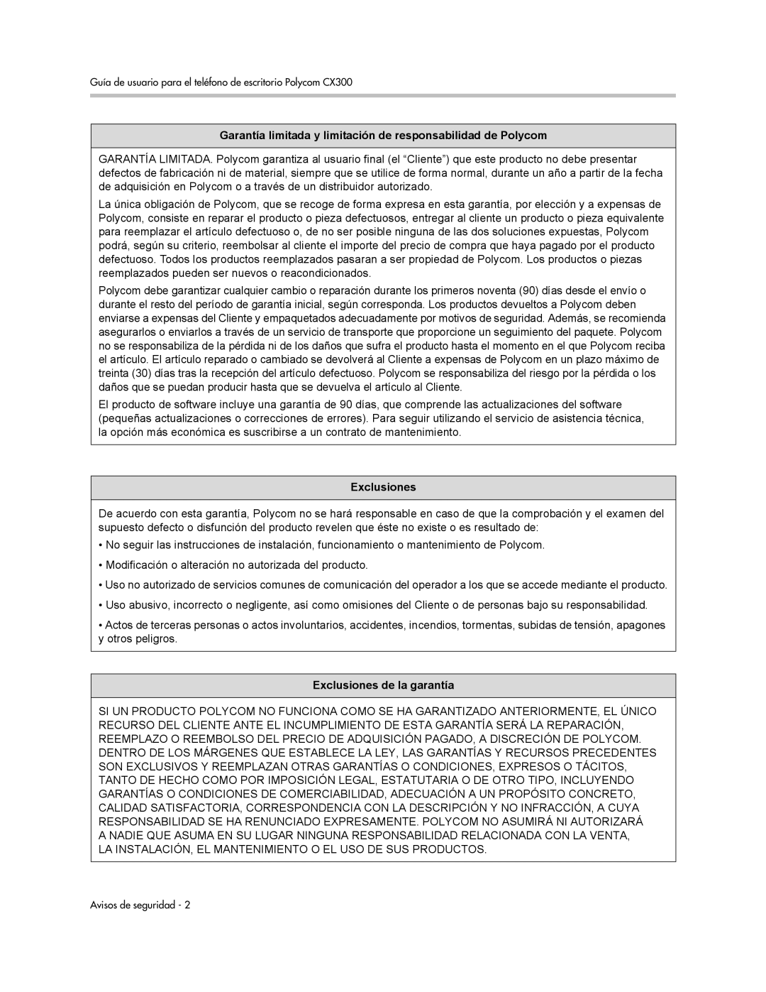 Polycom CX300 manual Garantía limitada y limitación de responsabilidad de Polycom 