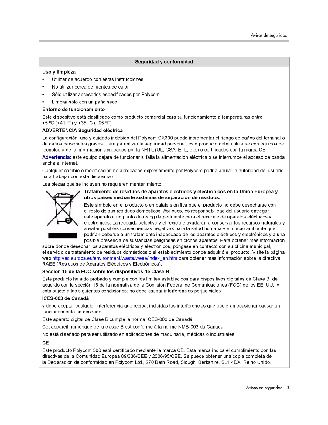 Polycom CX300 manual Seguridad y conformidad Uso y limpieza 