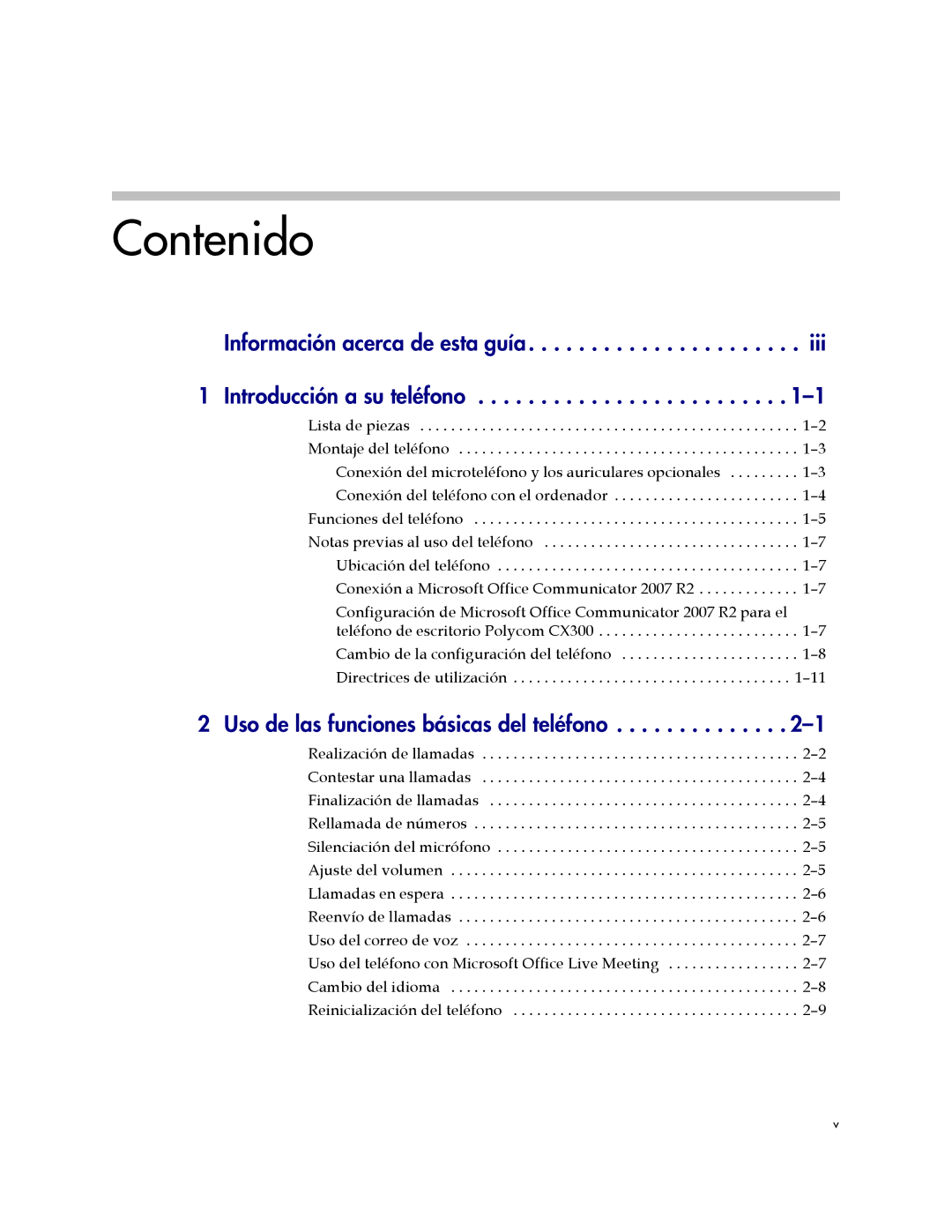 Polycom CX300 manual Contenido, Información acerca de esta guía Introducción a su teléfono 