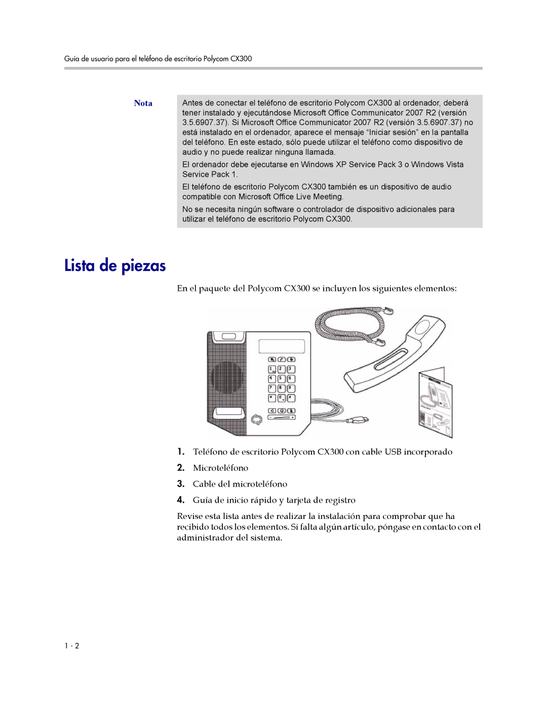 Polycom CX300 manual Lista de piezas, Nota 