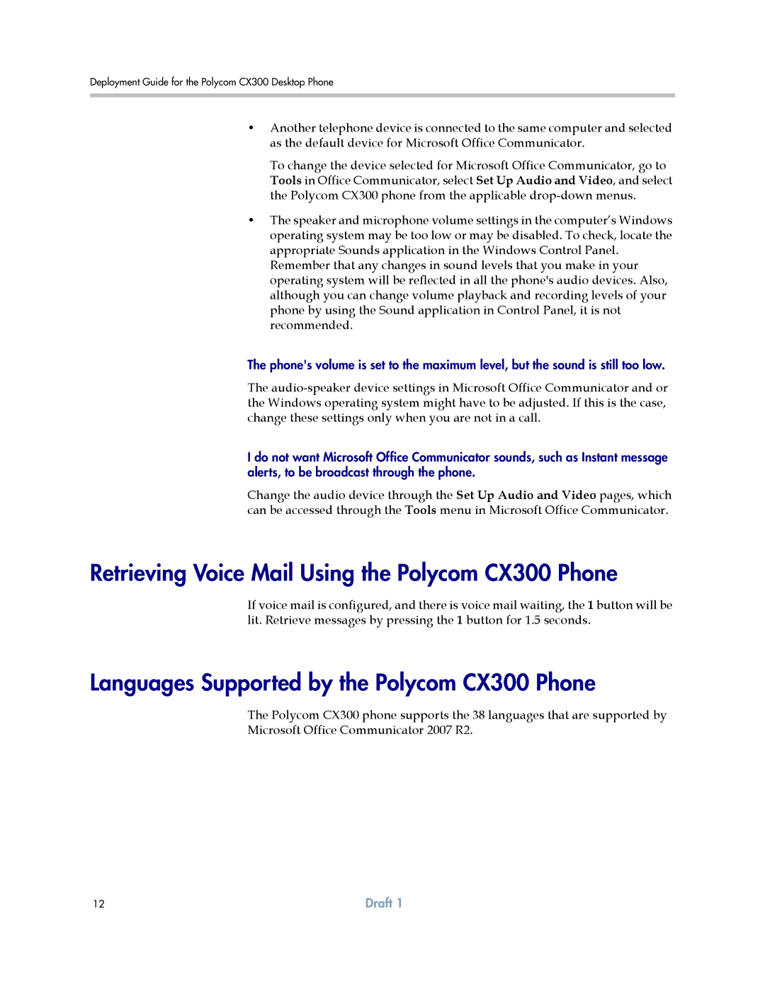 Polycom manual Retrieving Voice Mail Using the Polycom CX300 Phone, Languages Supported by the Polycom CX300 Phone 