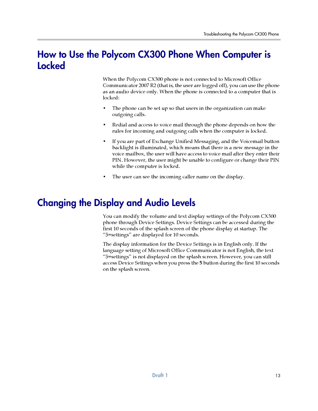 Polycom manual How to Use the Polycom CX300 Phone When Computer is Locked, Changing the Display and Audio Levels 