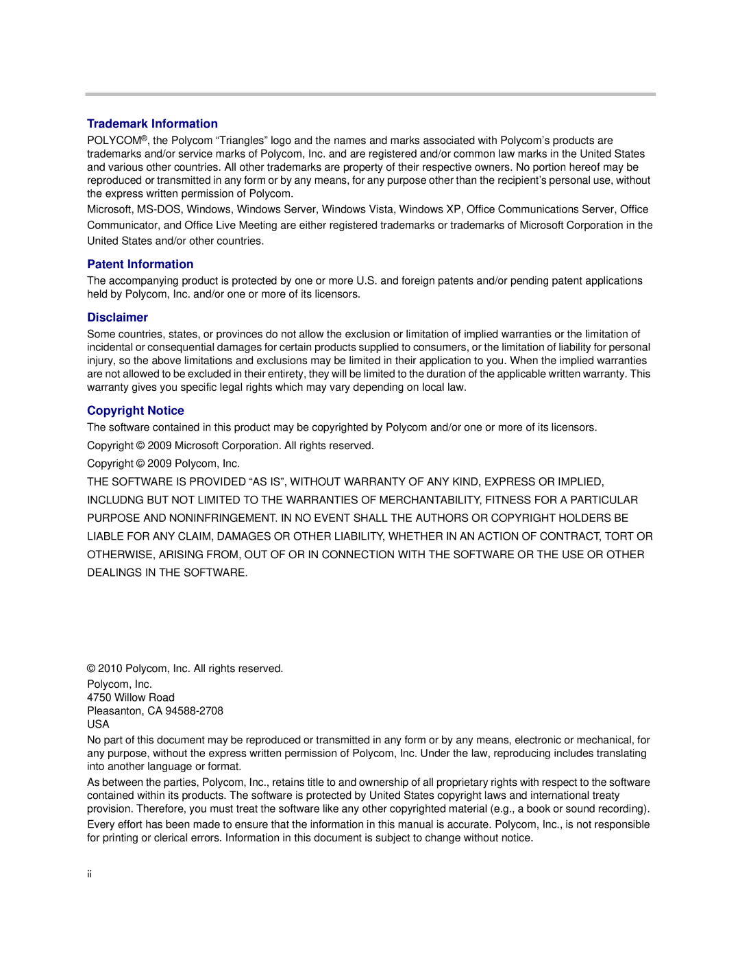 Polycom CX300 manual Trademark Information 