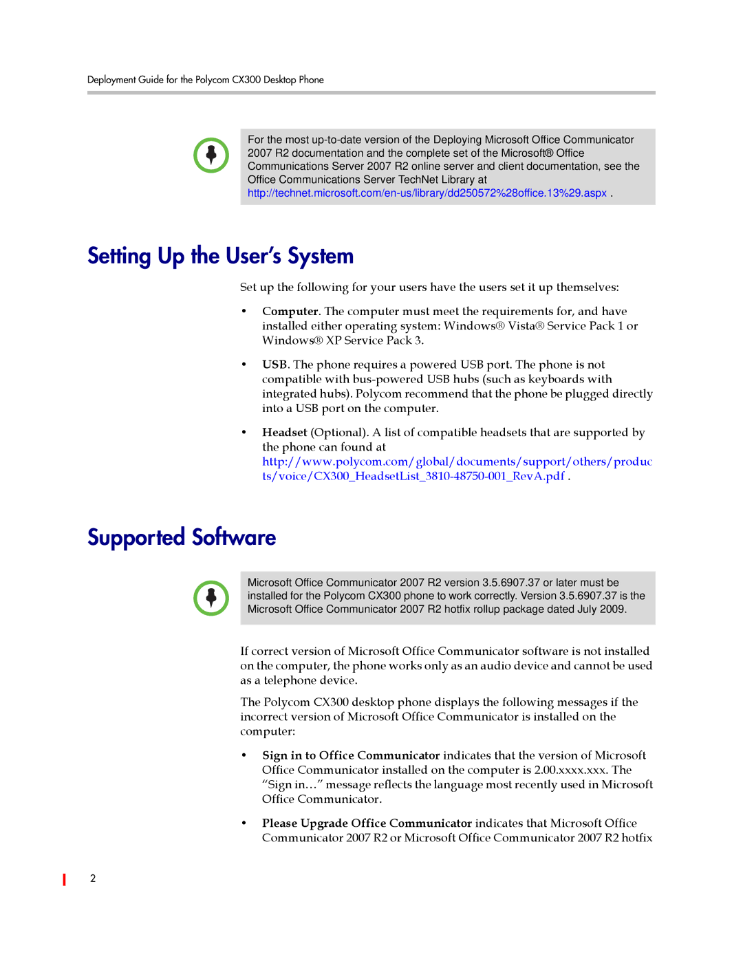 Polycom CX300 manual Setting Up the User’s System, Supported Software 