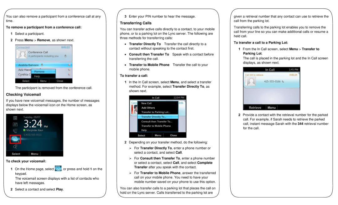 Polycom CX3000 manual Checking Voicemail, Transferring Calls 