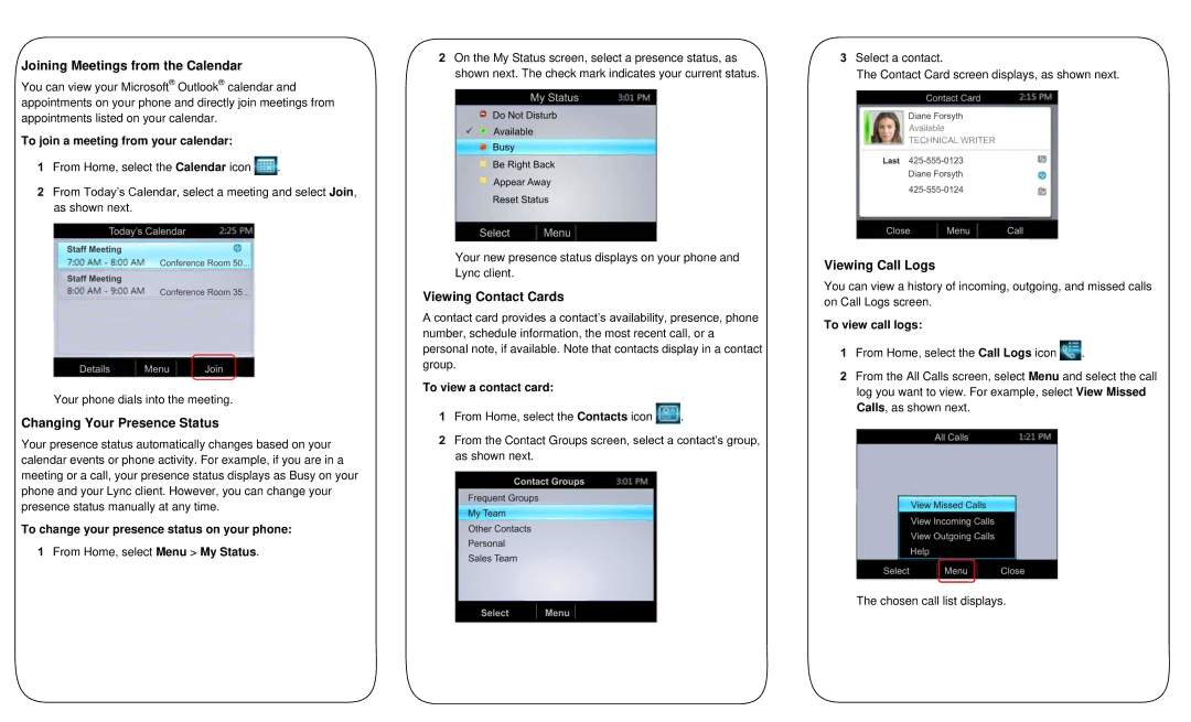 Polycom CX3000 Joining Meetings from the Calendar, Changing Your Presence Status, Viewing Contact Cards, Viewing Call Logs 