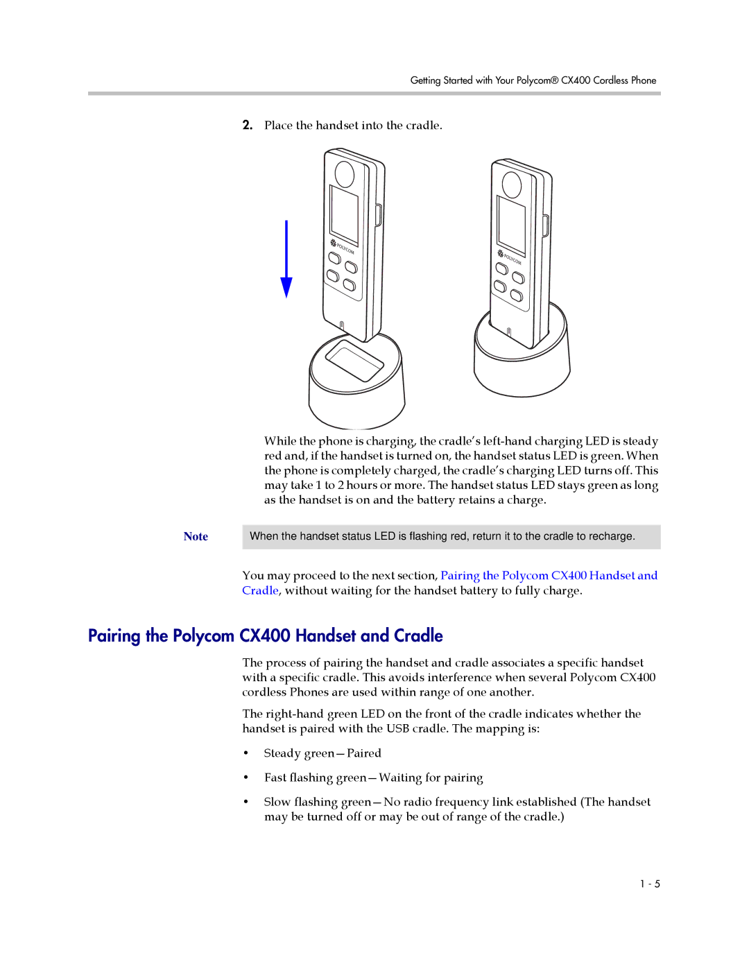 Polycom manual Pairing the Polycom CX400 Handset and Cradle 