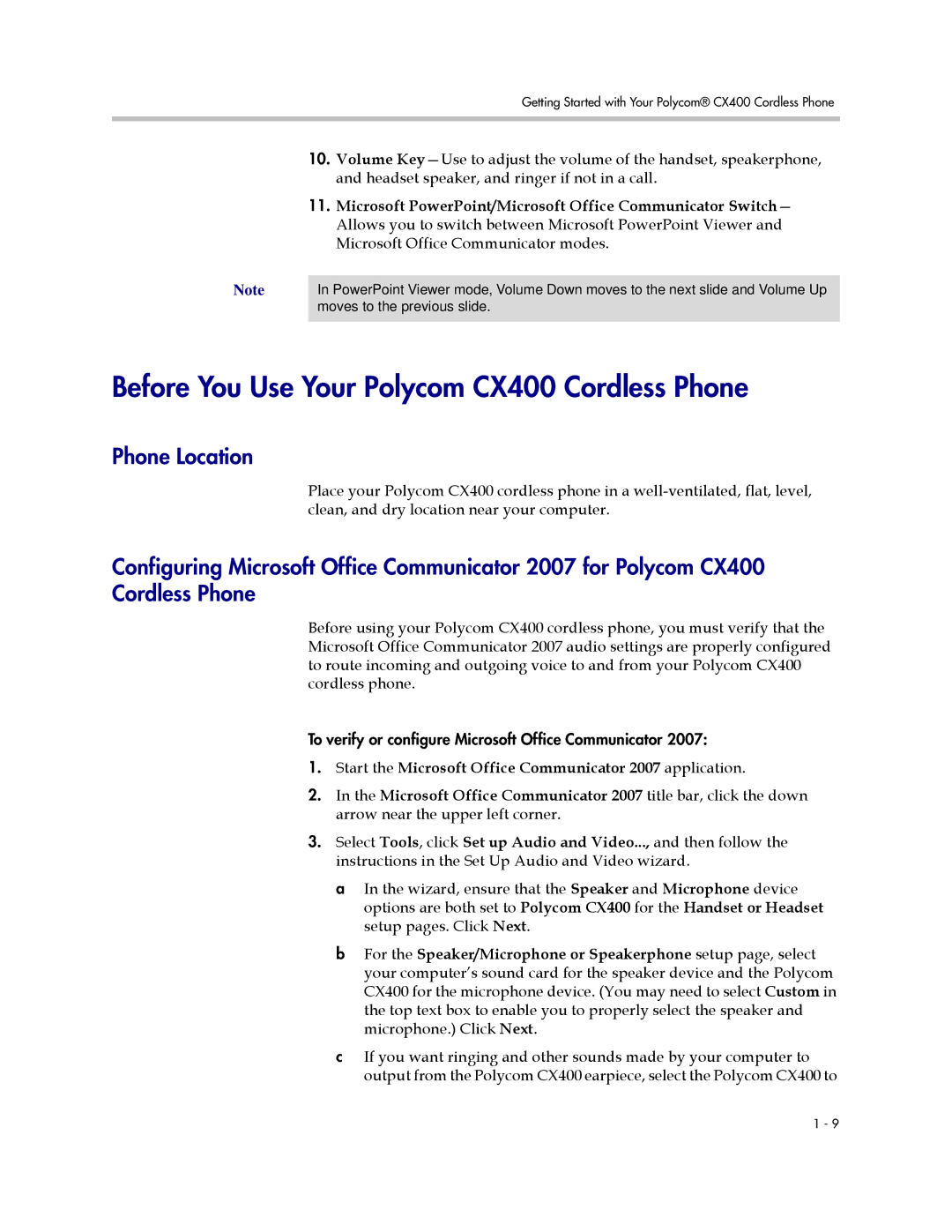 Polycom manual Before You Use Your Polycom CX400 Cordless Phone, Phone Location 