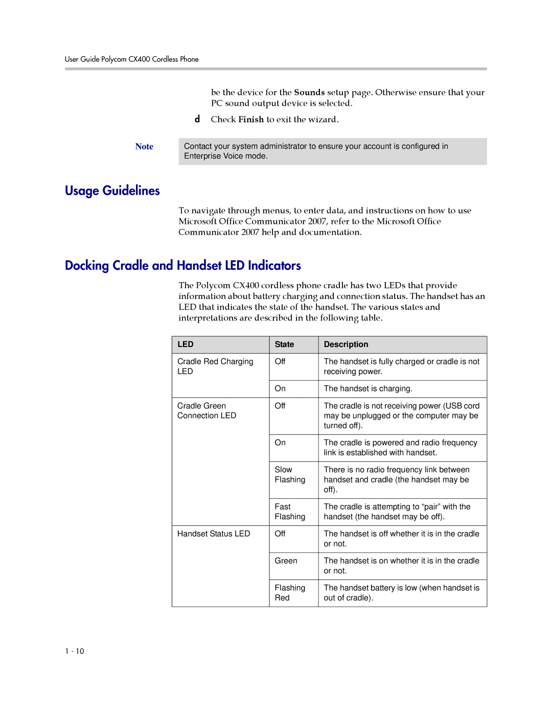 Polycom CX400 manual Usage Guidelines, Docking Cradle and Handset LED Indicators, State Description 