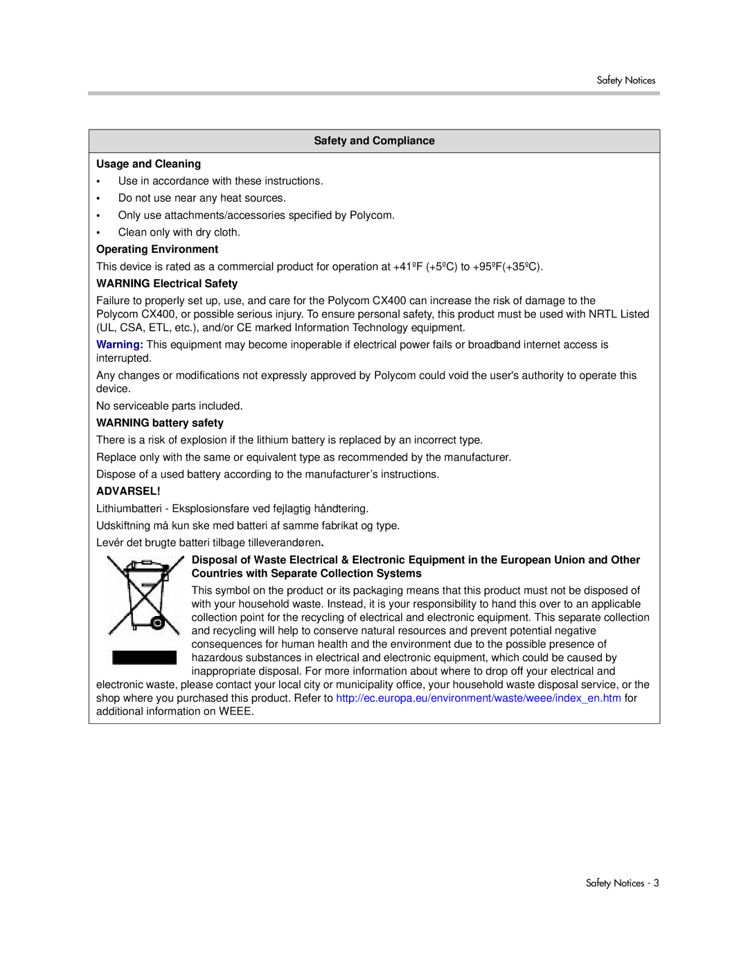 Polycom CX400 manual Safety and Compliance Usage and Cleaning, Operating Environment 