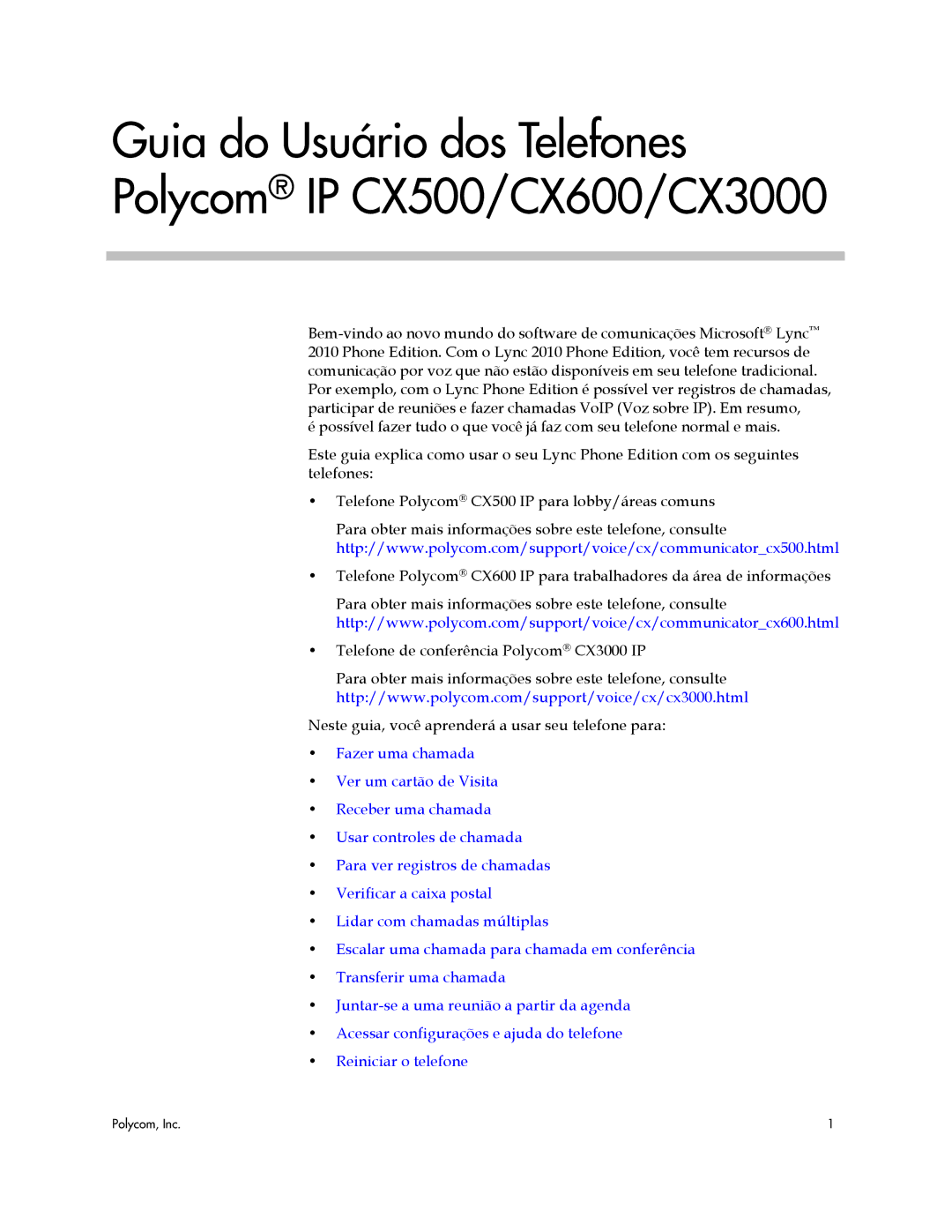 Polycom manual Guia do Usuário dos Telefones Polycom IP CX500/CX600/CX3000 