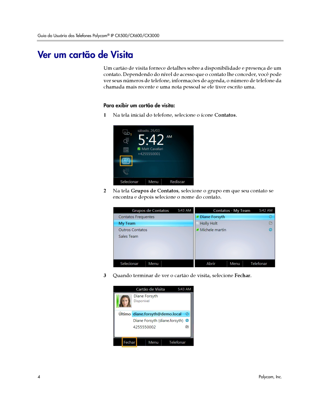 Polycom CX3000, CX500, CX600 manual Ver um cartão de Visita 