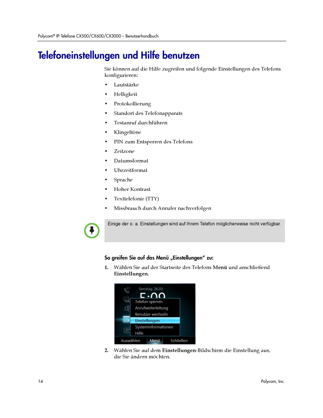 Polycom CX500 manual Telefoneinstellungen und Hilfe benutzen 