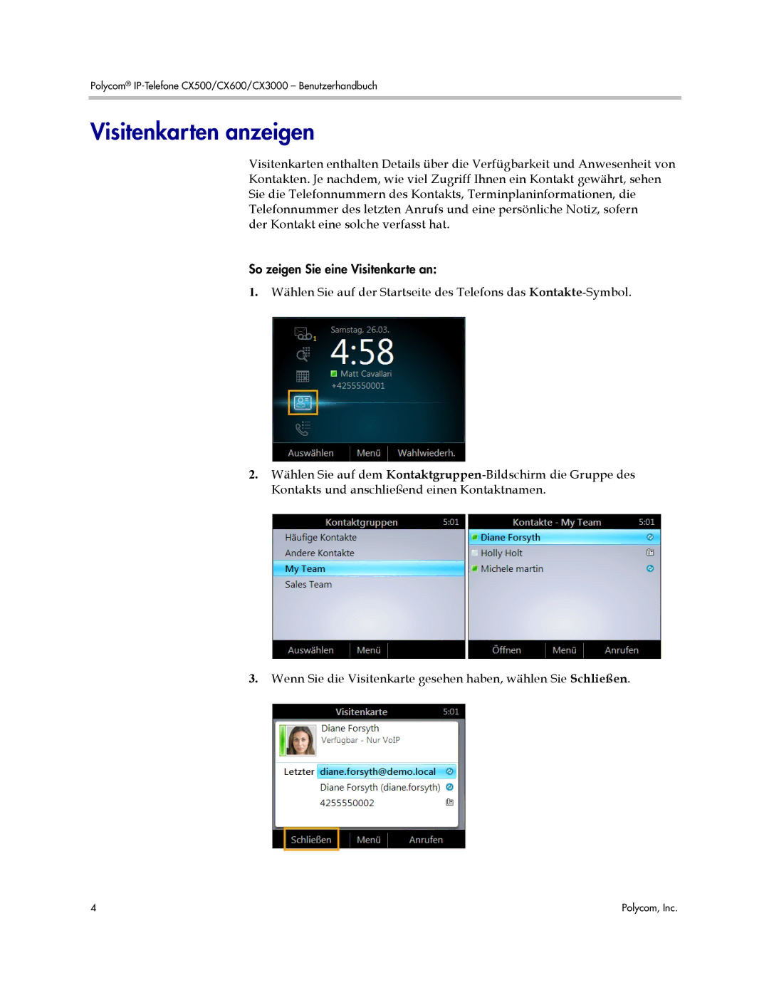Polycom CX500 manual Visitenkarten anzeigen 