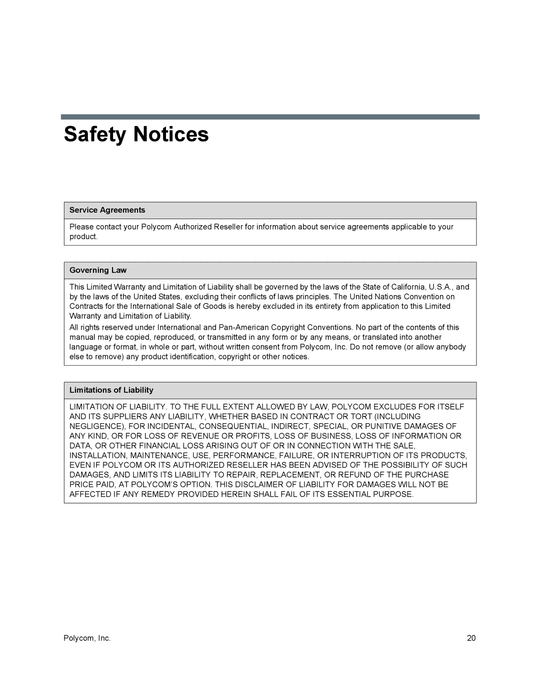 Polycom CX500 manual Service Agreements, Governing Law, Limitations of Liability 