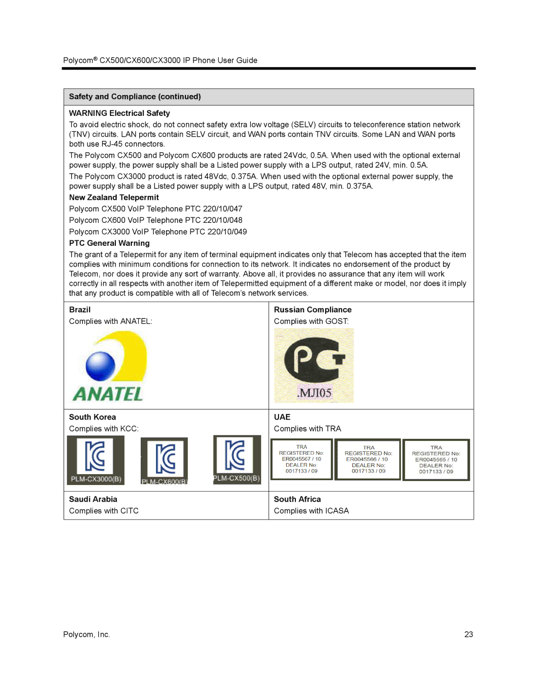 Polycom CX500 manual Safety and Compliance, New Zealand Telepermit, PTC General Warning, Brazil, Saudi Arabia 