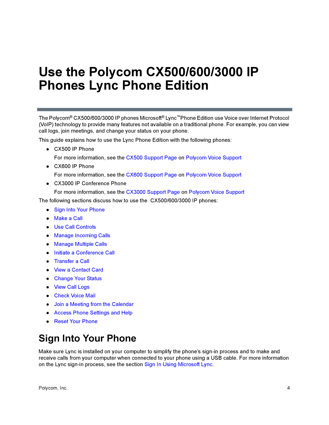 Polycom manual Use the Polycom CX500/600/3000 IP Phones Lync Phone Edition, Sign Into Your Phone 