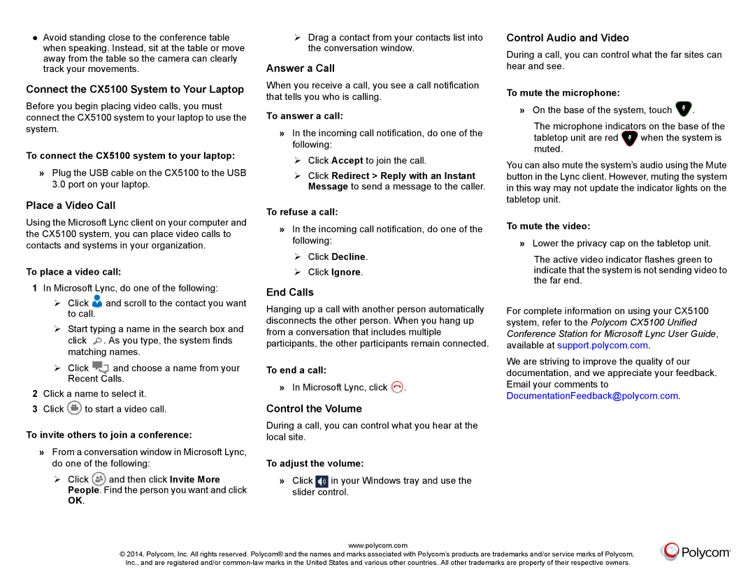 Polycom Connect the CX5100 System to Your Laptop, Place a Video Call, Answer a Call, End Calls, Control the Volume 