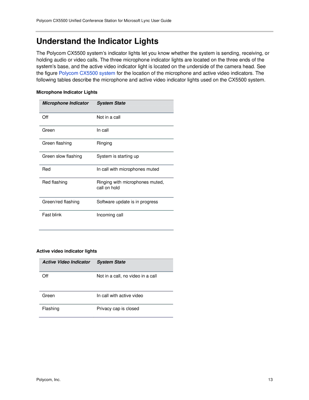 Polycom CX5500 manual Understand the Indicator Lights, Microphone Indicator Lights, Active video indicator lights 