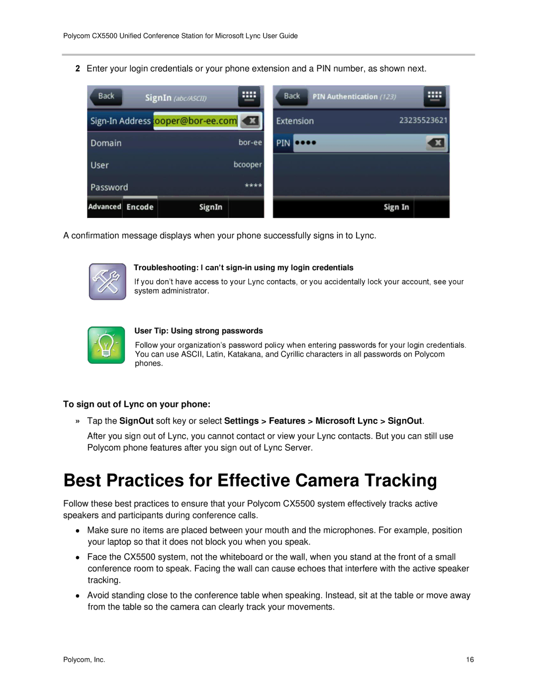 Polycom CX5500 Best Practices for Effective Camera Tracking, Troubleshooting I can’t sign-in using my login credentials 