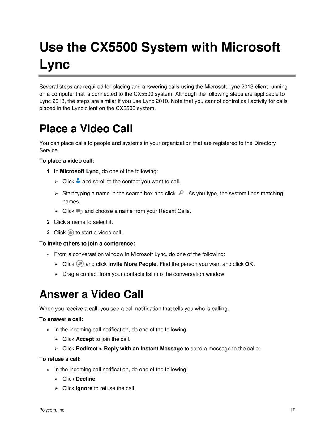 Polycom manual Use the CX5500 System with Microsoft Lync, Place a Video Call, Answer a Video Call 