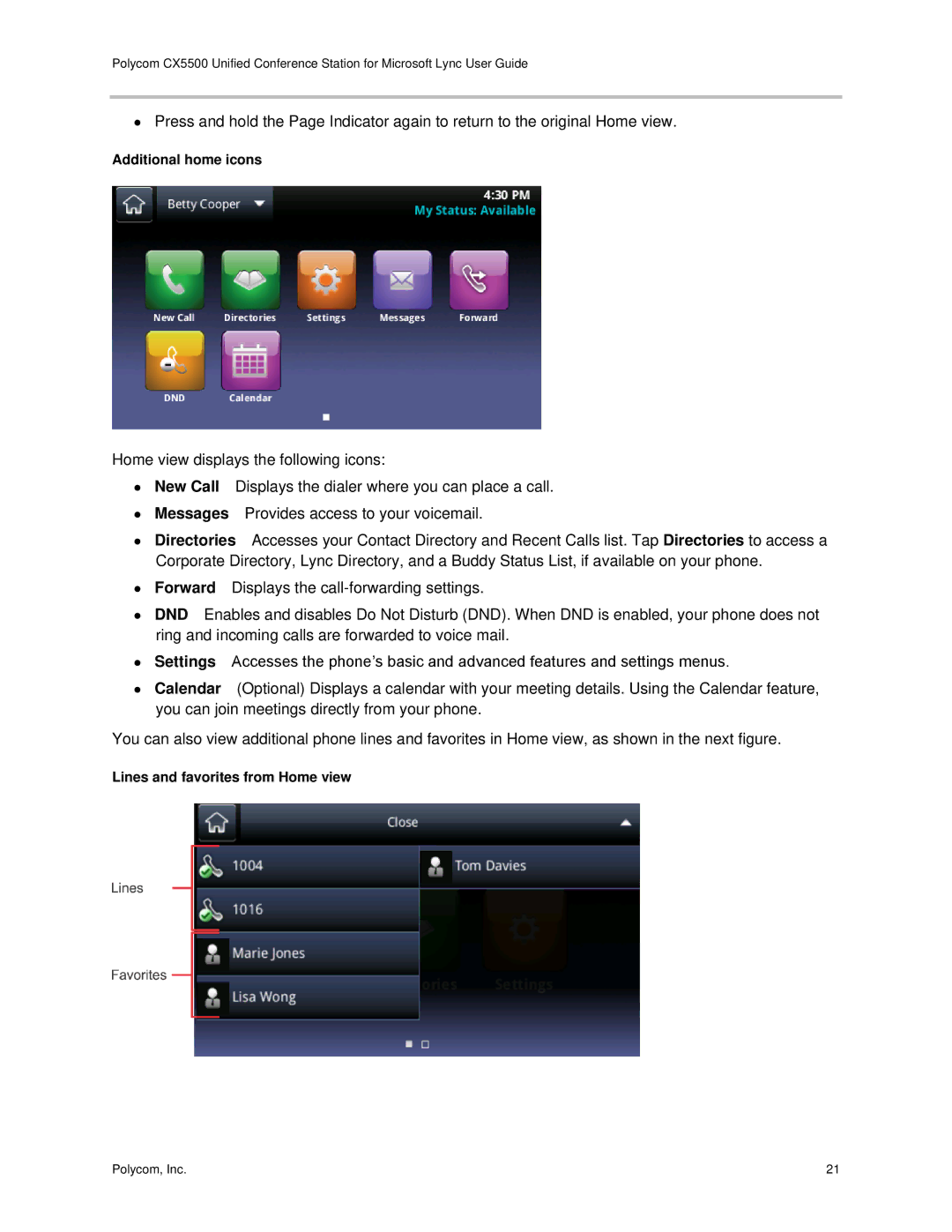 Polycom CX5500 manual Additional home icons, Lines and favorites from Home view 