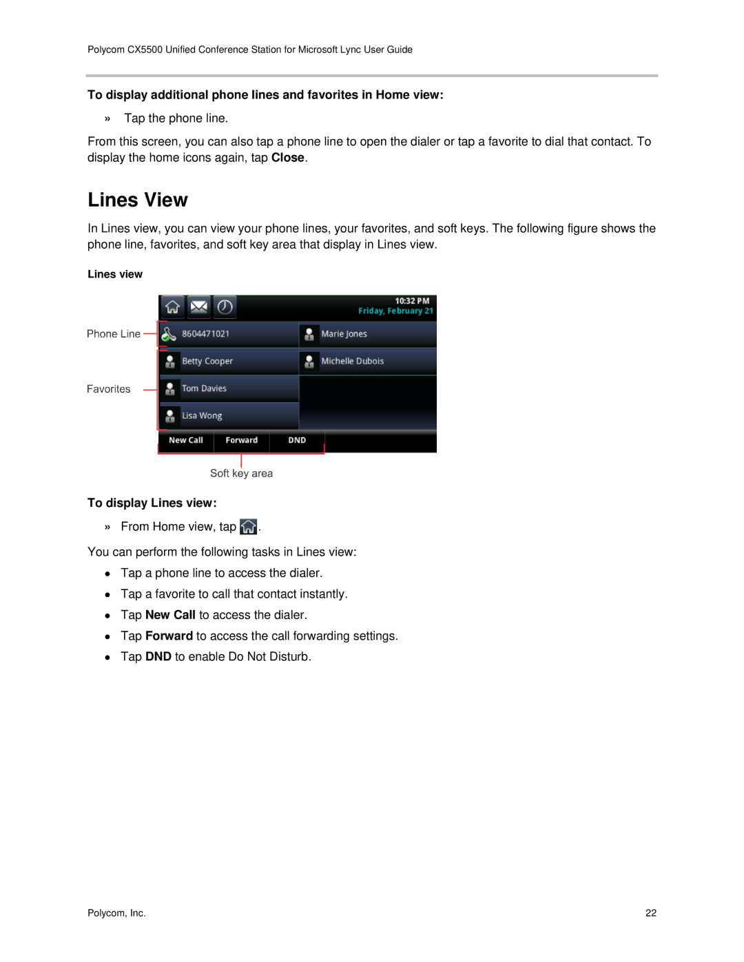 Polycom CX5500 manual Lines View, To display Lines view 