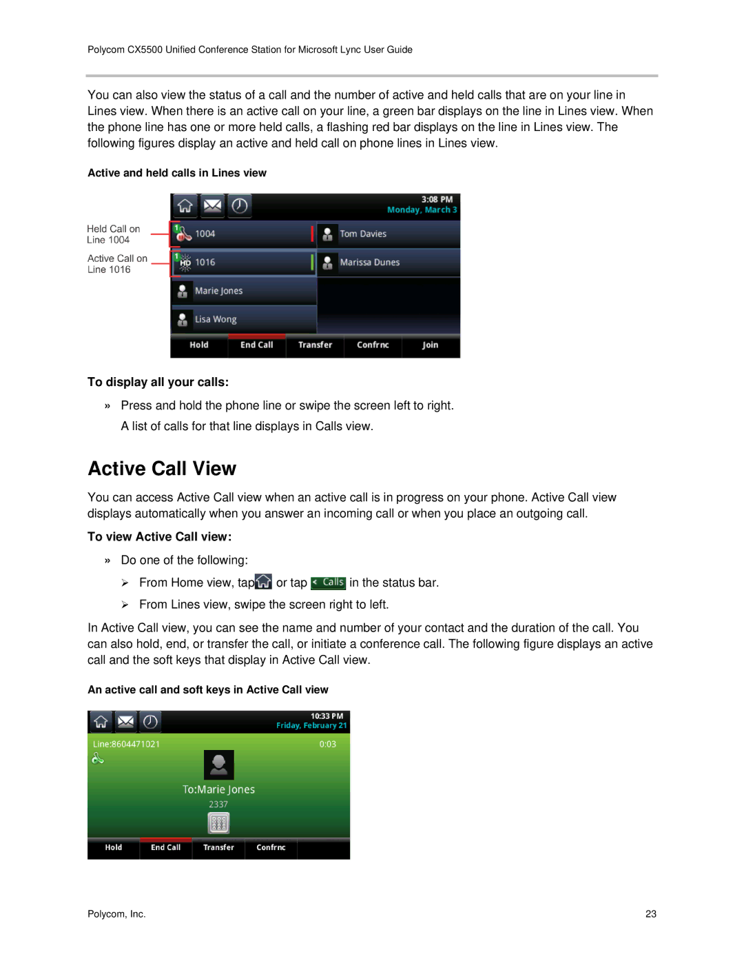 Polycom CX5500 Active Call View, To display all your calls, To view Active Call view, Active and held calls in Lines view 