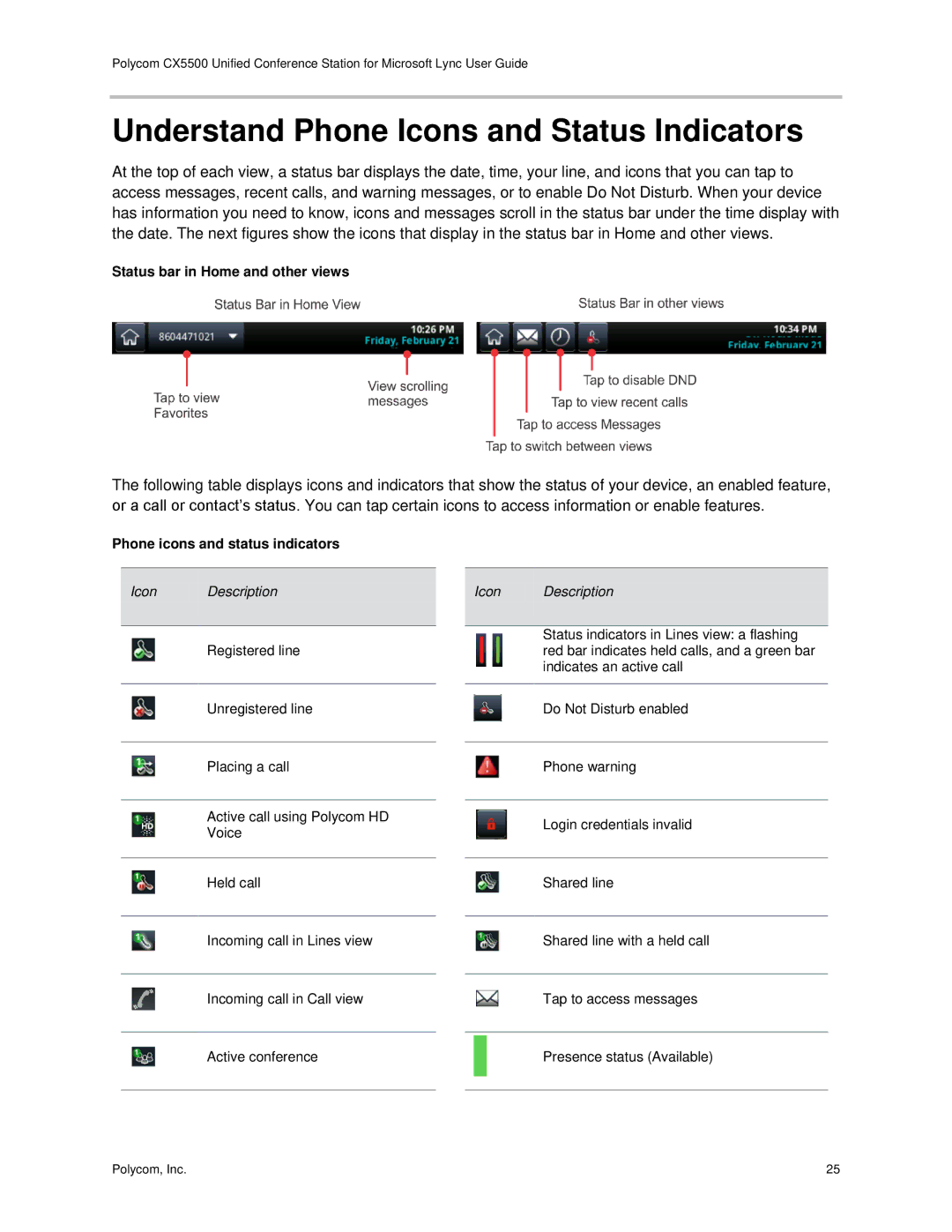 Polycom CX5500 manual Understand Phone Icons and Status Indicators, Status bar in Home and other views 