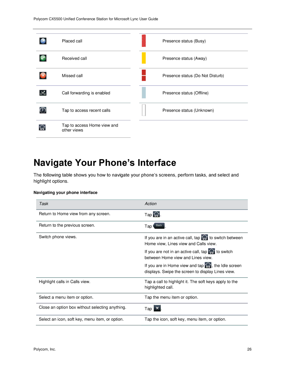 Polycom CX5500 manual Navigate Your Phone’s Interface, Navigating your phone interface 