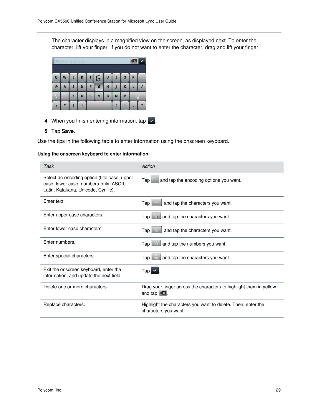 Polycom CX5500 manual Using the onscreen keyboard to enter information 