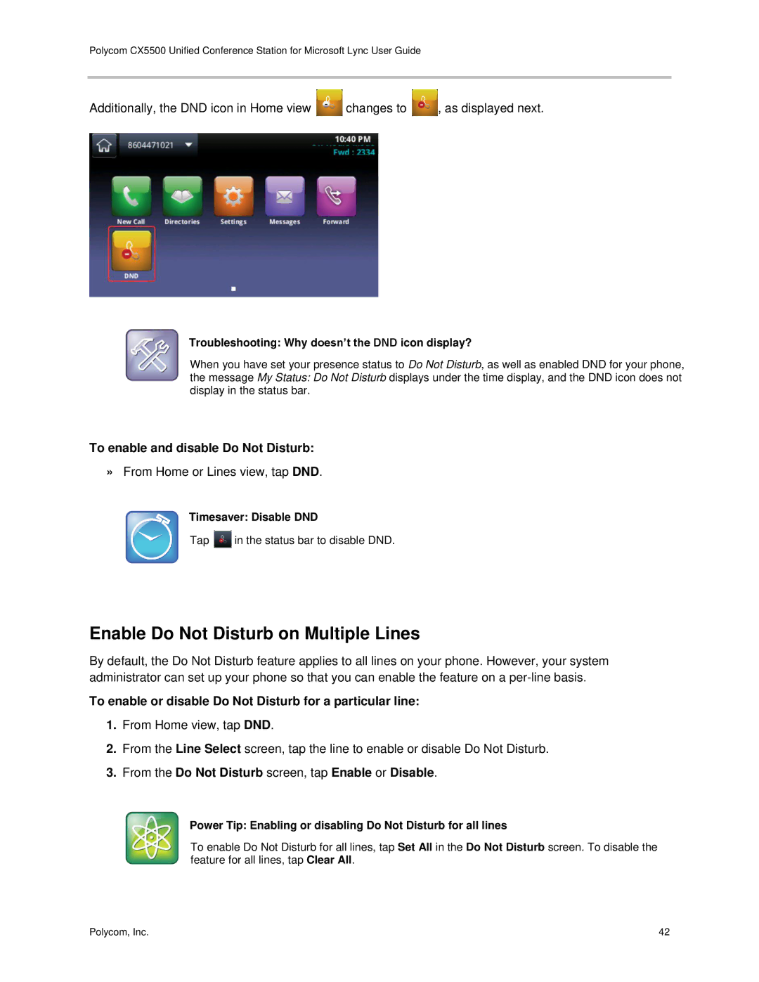 Polycom CX5500 manual Enable Do Not Disturb on Multiple Lines, To enable and disable Do Not Disturb 