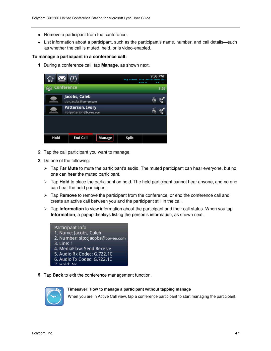 Polycom CX5500 To manage a participant in a conference call, Timesaver How to manage a participant without tapping manage 