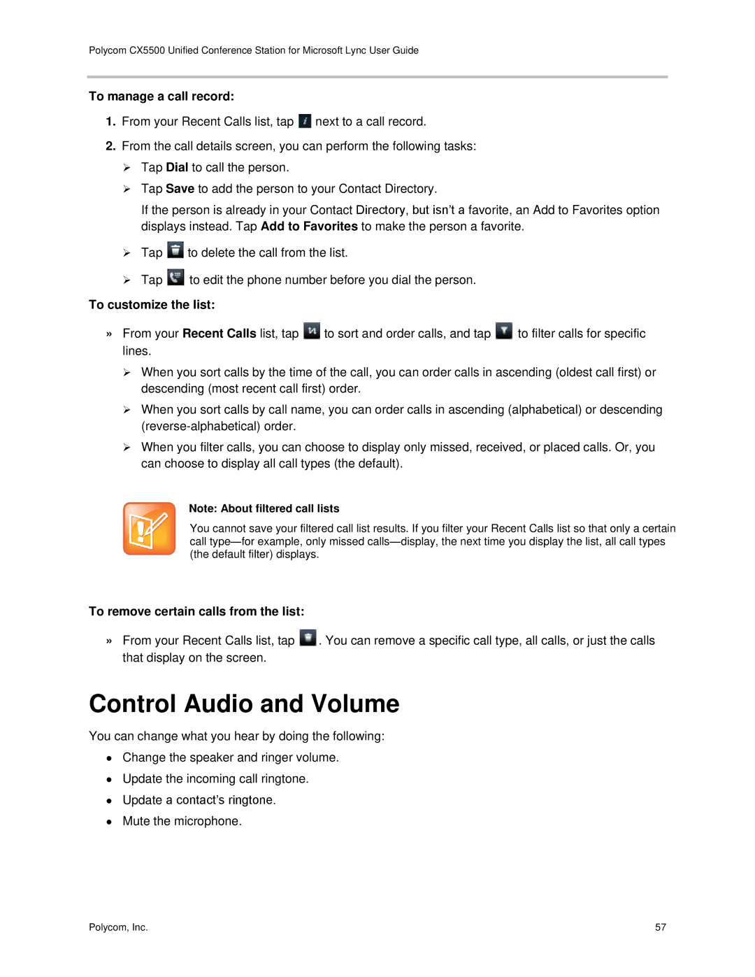 Polycom CX5500 manual Control Audio and Volume, To manage a call record, To customize the list 