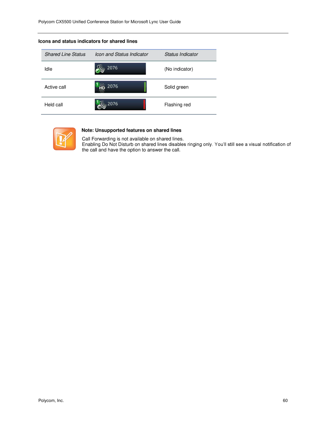 Polycom CX5500 manual Icons and status indicators for shared lines 