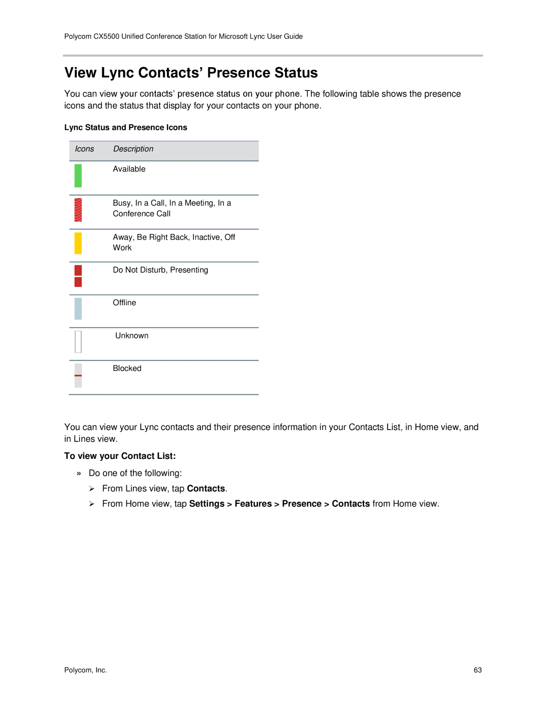 Polycom CX5500 manual View Lync Contacts’ Presence Status, To view your Contact List, Lync Status and Presence Icons 