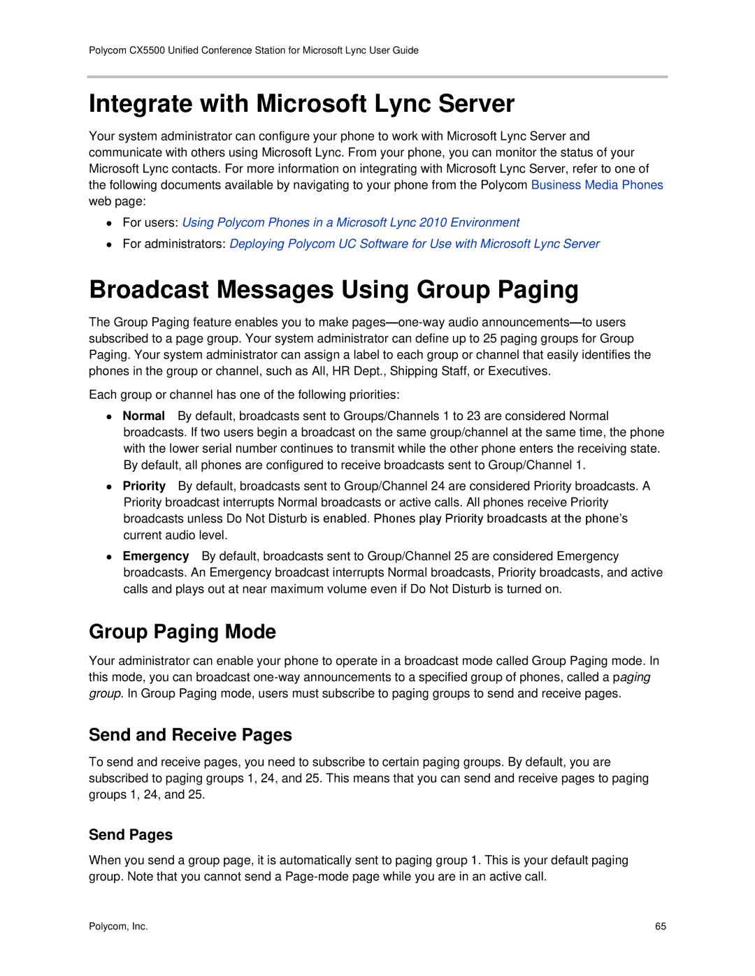 Polycom CX5500 manual Integrate with Microsoft Lync Server, Broadcast Messages Using Group Paging, Group Paging Mode 