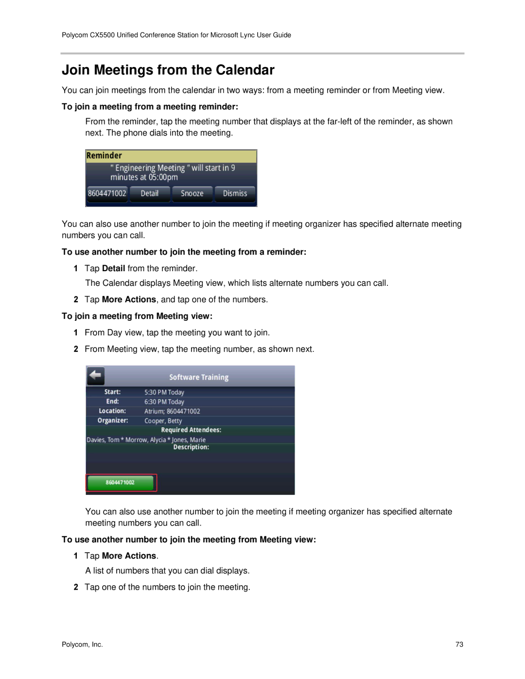 Polycom CX5500 manual Join Meetings from the Calendar, To join a meeting from a meeting reminder 