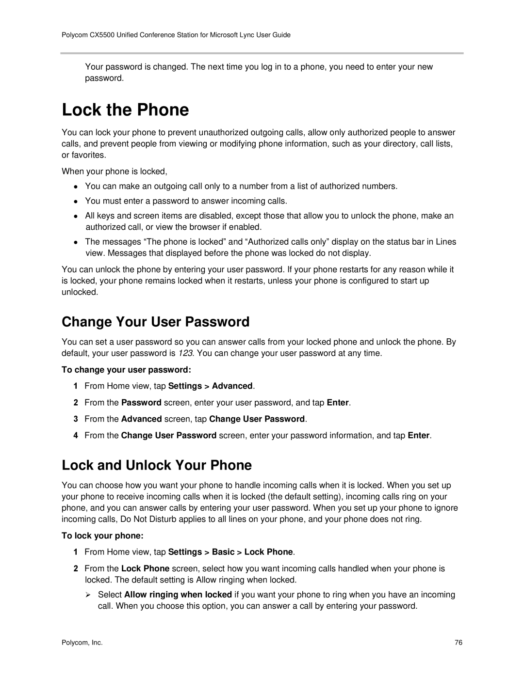 Polycom CX5500 manual Lock the Phone, Change Your User Password, Lock and Unlock Your Phone 