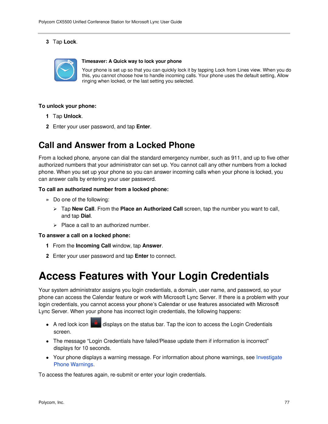 Polycom CX5500 manual Access Features with Your Login Credentials, Call and Answer from a Locked Phone 