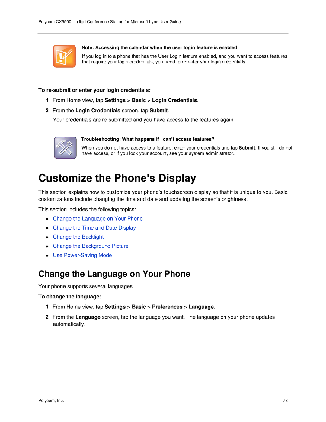 Polycom CX5500 manual Customize the Phone’s Display, Change the Language on Your Phone 