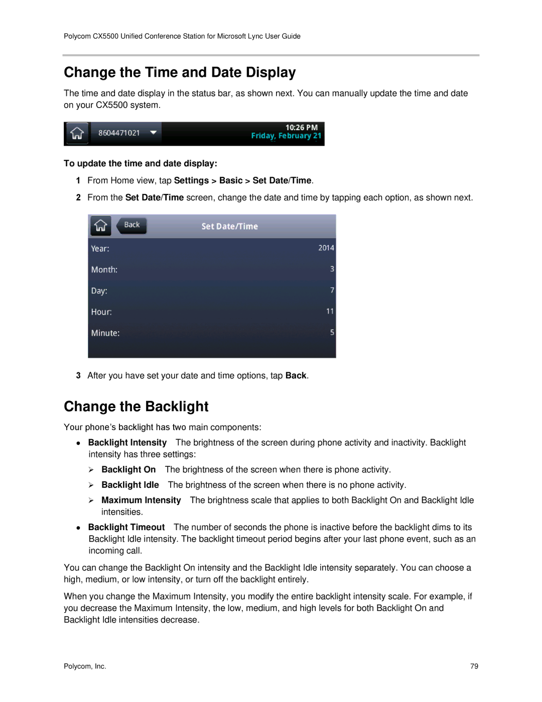 Polycom CX5500 manual Change the Time and Date Display, Change the Backlight 