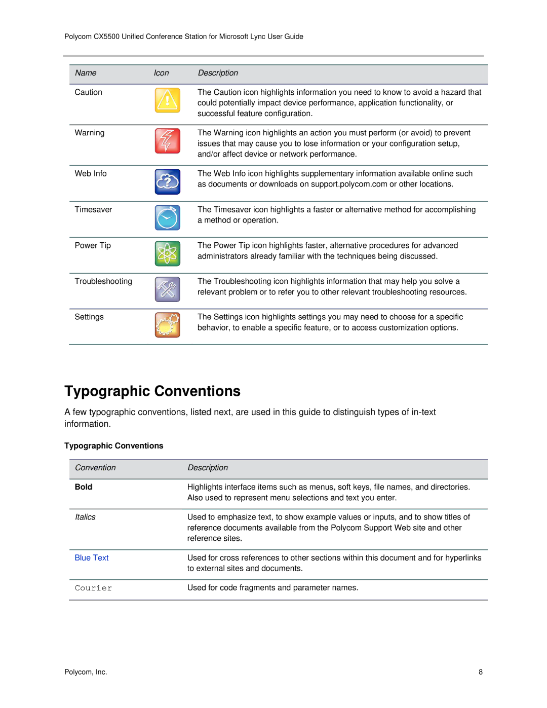 Polycom CX5500 manual Typographic Conventions, Bold 