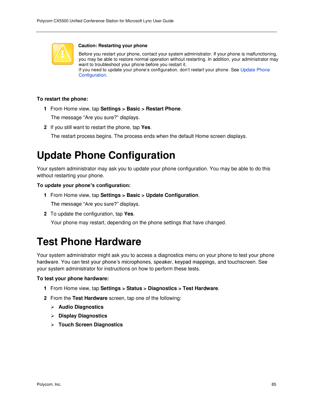 Polycom CX5500 manual Update Phone Configuration, Test Phone Hardware 